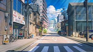 Anime Japanese City Street With Convenience Store And Crosswalk HD wallpaper