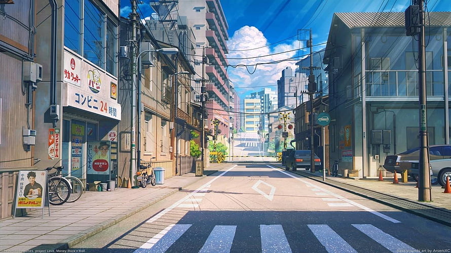 Anime Japanese City Street With Convenience Store And Crosswalk HD wallpaper