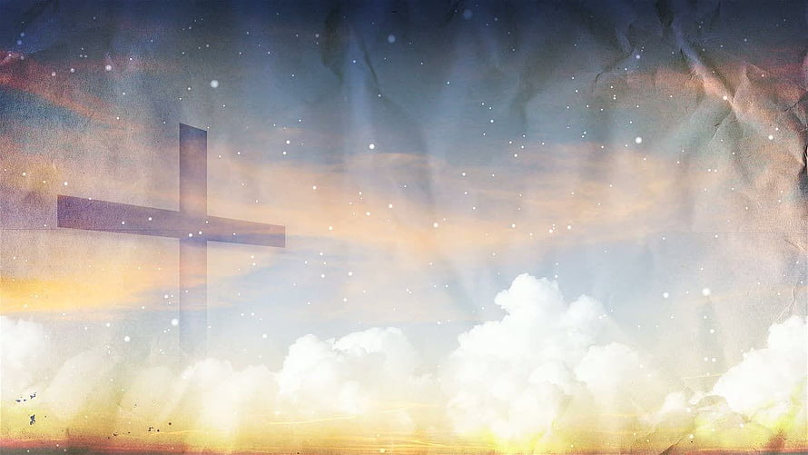 Ethereal Christian Cross in Cloudy Sky with Divine Light Rays and Starry Atmosphere HD wallpaper