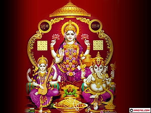 Lakshmi Ganesh Saraswati Triad with Gold Coins and Lotus in Ornate Red Frame HD wallpaper