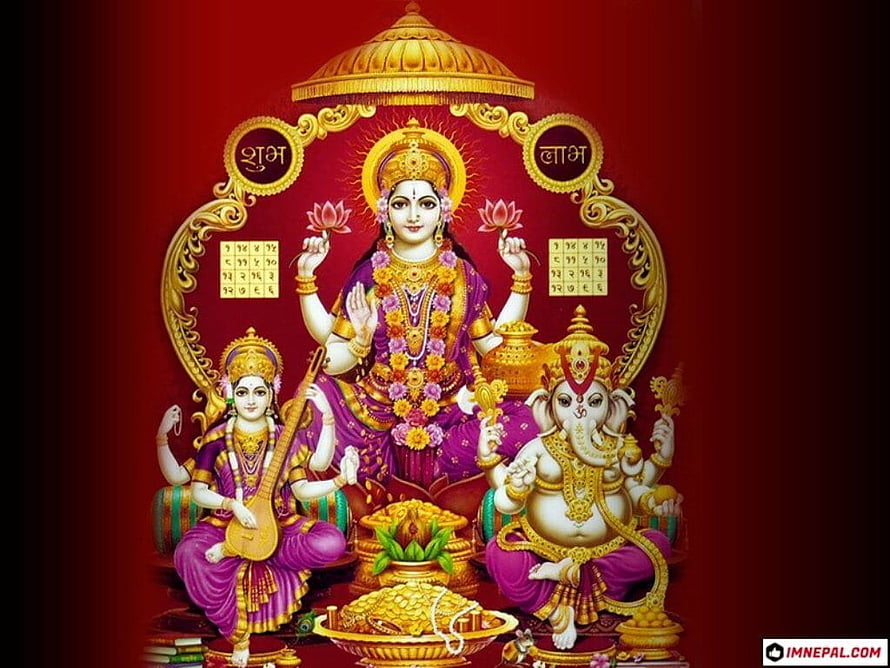 Lakshmi Ganesh Saraswati Triad with Gold Coins and Lotus in Ornate Red Frame HD wallpaper