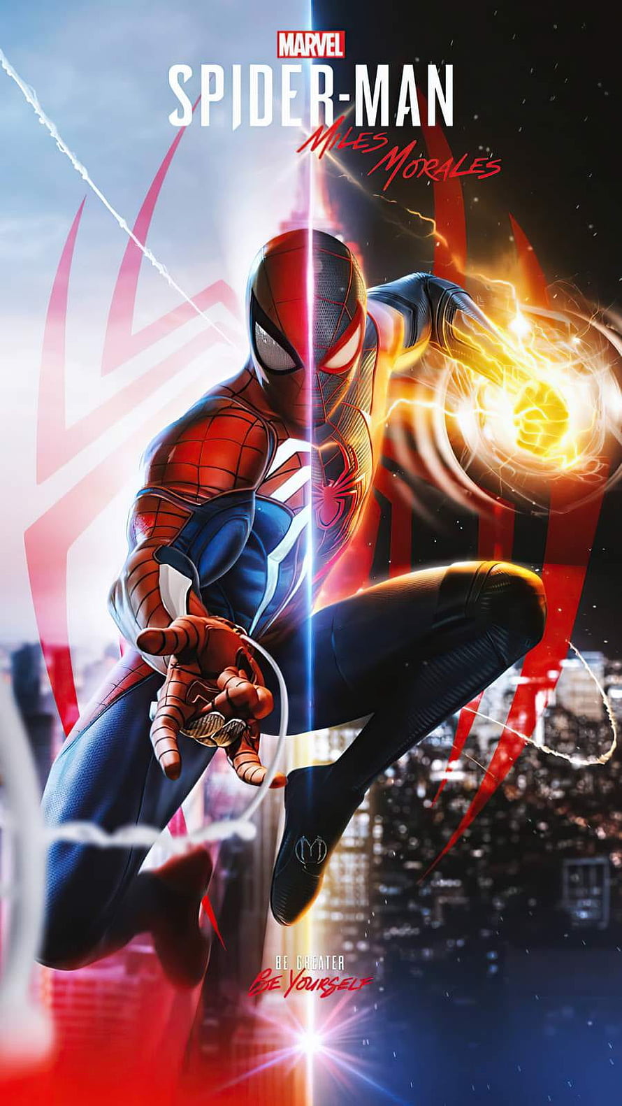 Marvel Spider-Man Miles Morales Split Suit Action Poster with Electric Web Effects HD phone wallpaper
