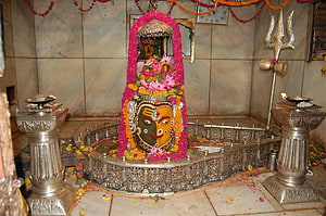 Mahakaleshwar Jyotirlinga shrine adorned with vibrant floral garlands and traditional temple offerings HD wallpaper