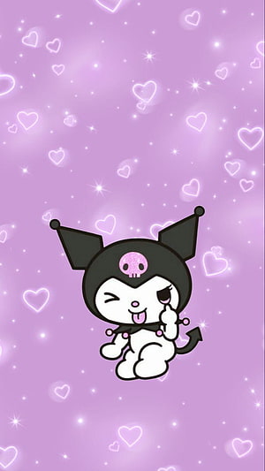 Cute Kuromi Winking on Sparkling Purple Heart Background HD phone wallpaper