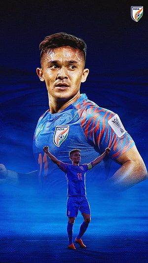Indian National Football Team Player in Blue Kit with Tiger Stripe Pattern HD phone wallpaper