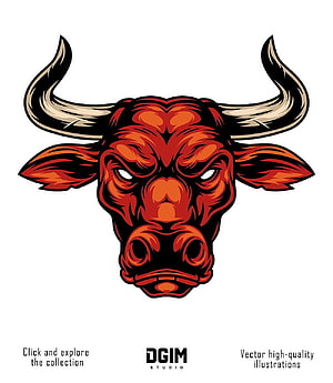 Aggressive Red Bull Head Vector Illustration with Curved Horns HD phone wallpaper