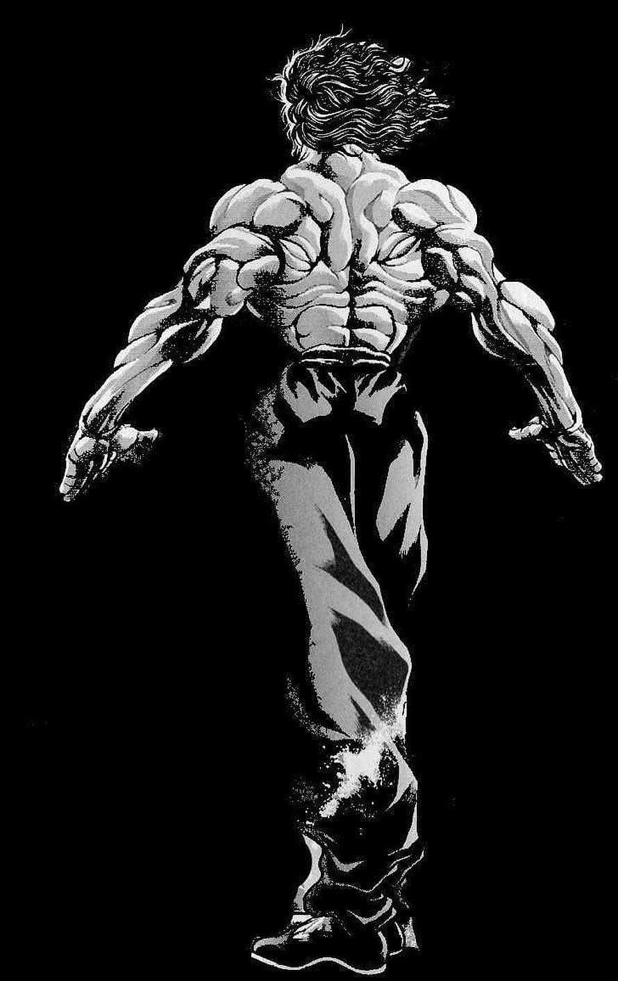 Baki Grappler Back View Black and White Manga Illustration HD phone wallpaper