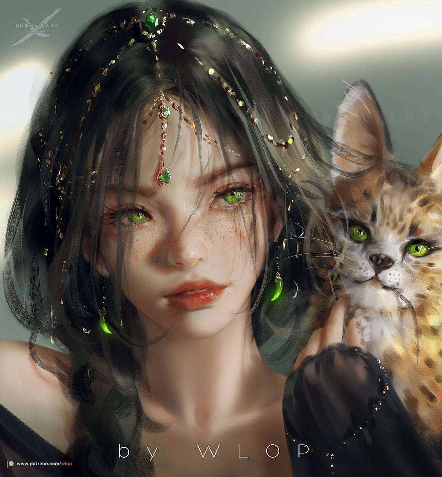 WLOP Digital Art: Ethereal Woman with Green Eyes and a Serval Cat HD phone wallpaper