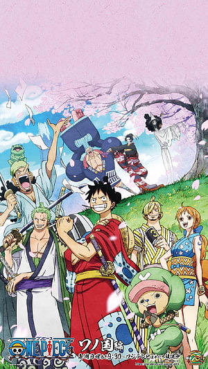 One Piece Wano Country Arc Anime Poster with Straw Hat Crew in Traditional Attire HD phone wallpaper