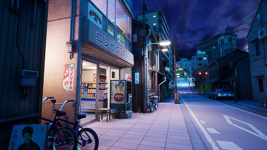 Japanese Convenience Store on a Quiet Night Street in Anime Style HD wallpaper