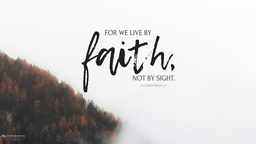 Misty Forest Hillside with Handwritten Faith Bible Verse Typography HD wallpaper