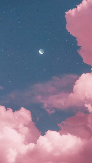 Dreamy Crescent Moon and Pink Clouds in a Starry Twilight Sky HD phone wallpaper