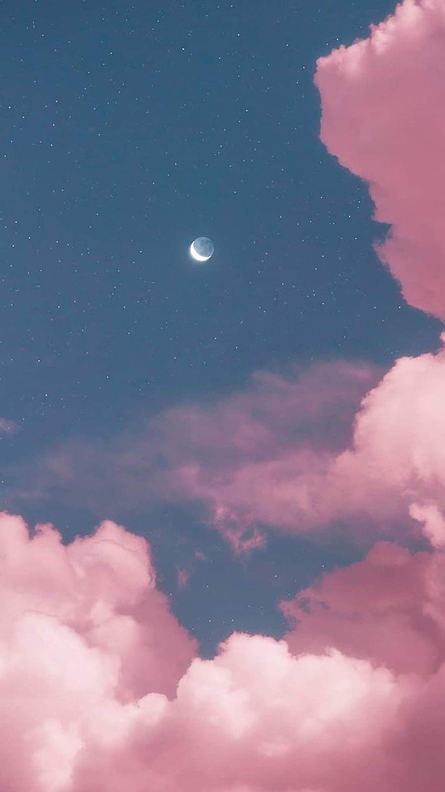 Dreamy Crescent Moon and Pink Clouds in a Starry Twilight Sky HD phone wallpaper