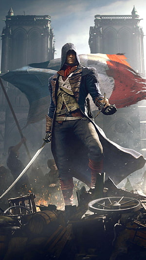 Arno Dorian from Assassin's Creed Unity Standing Before Notre-Dame Cathedral During the French Revolution HD phone wallpaper