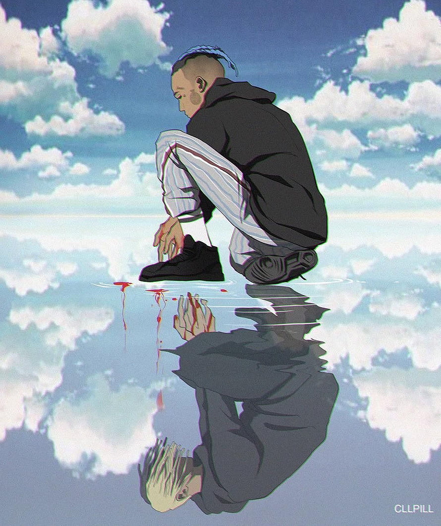 XXXTentacion Anime Illustration Crouching by Reflective Water Surface HD phone wallpaper