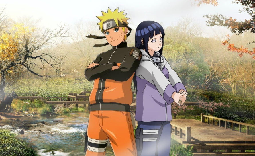 Naruto and Hinata Standing Together in Autumn Forest from Naruto Shippuden HD wallpaper