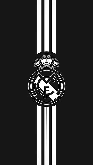Real Madrid CF Monochrome Crest with Vertical Stripes on Black Background HD phone wallpaper