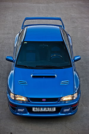 Subaru Impreza WRX STi 22B Blue Front View with Hood Scoop and Rear Spoiler HD phone wallpaper