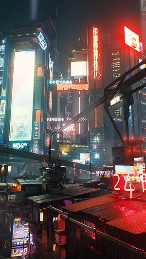 Cyberpunk 2077 Night City Rooftop View with Neon Signs and Holographic Billboards HD phone wallpaper