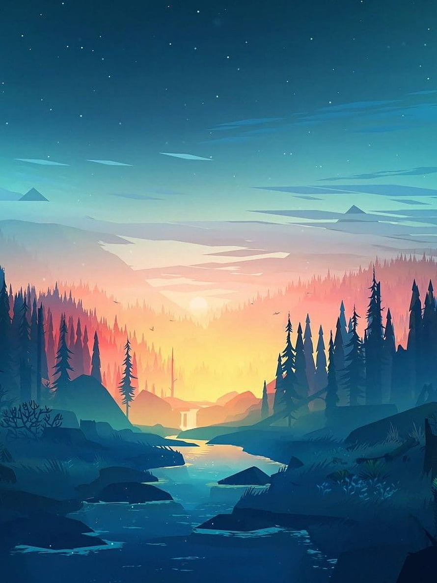 Minimalist Digital Art of a Serene Forest River at Sunset with Starry Night Sky HD phone wallpaper