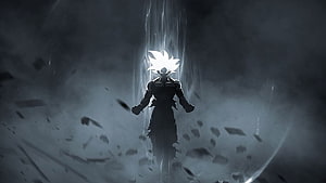 Goku Super Saiyan Silhouette with Glowing Aura in Dark Anime Art HD wallpaper