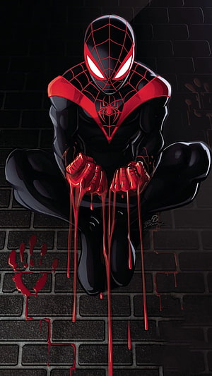 Miles Morales Spider-Man Crouching on Brick Wall with Blood-Dripping Gloves HD phone wallpaper