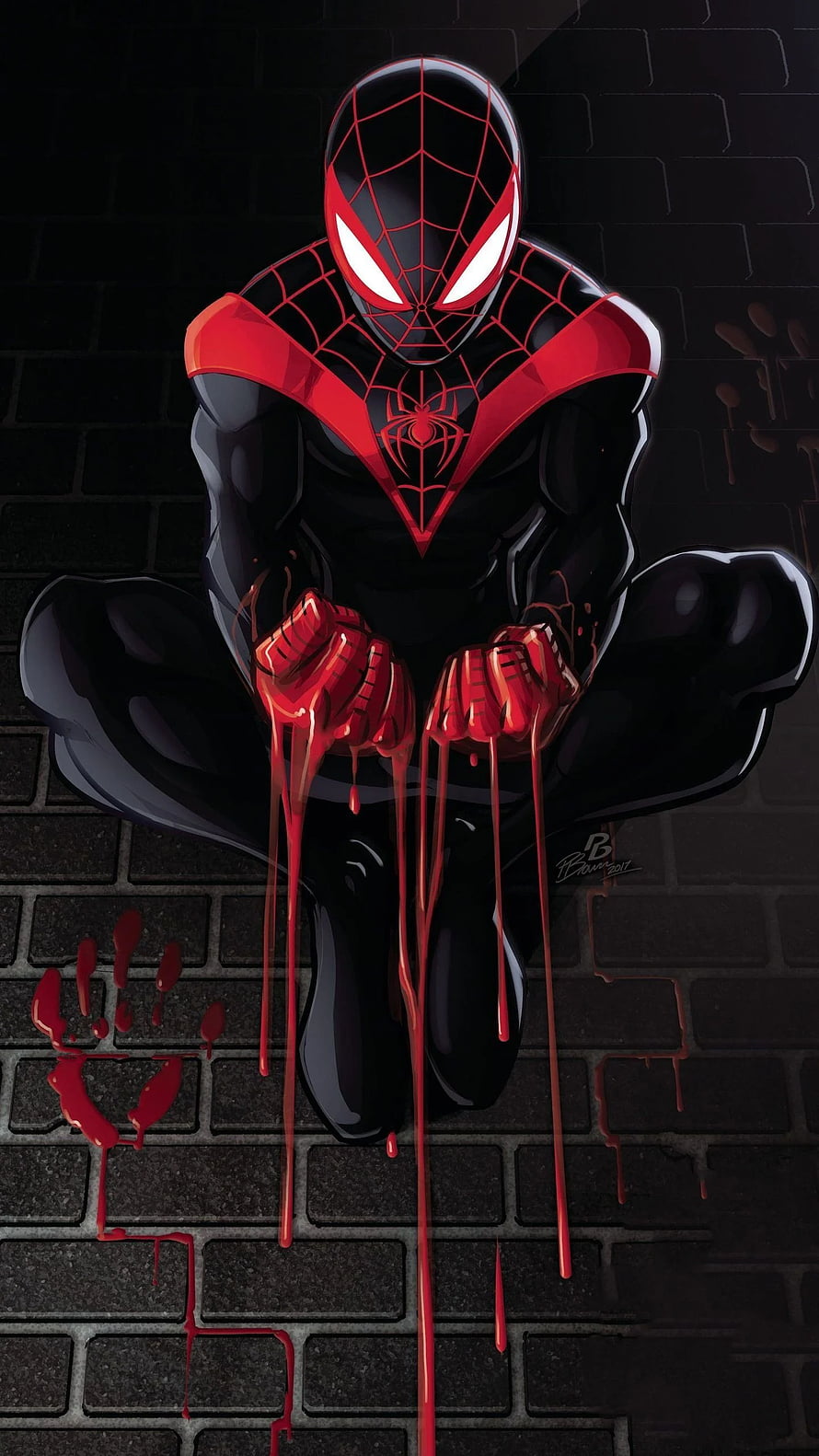 Miles Morales Spider-Man Crouching on Brick Wall with Blood-Dripping Gloves HD phone wallpaper
