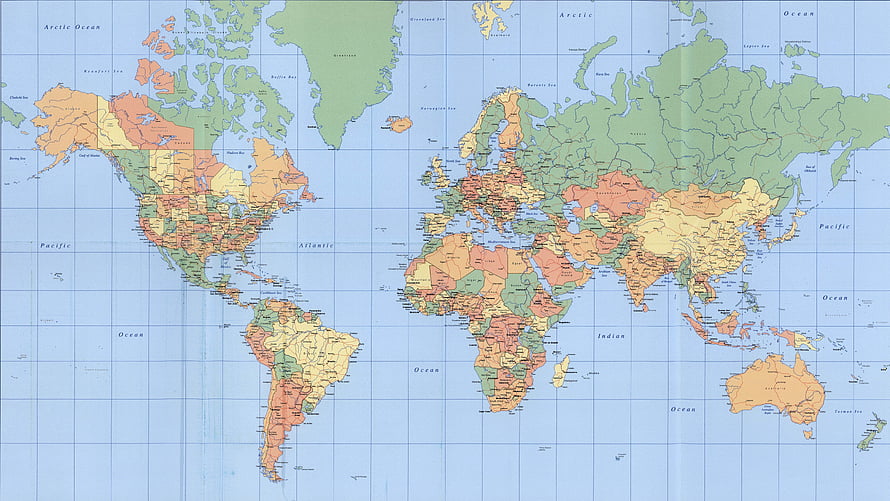Detailed Political World Map with Country Borders and Ocean Labels HD wallpaper