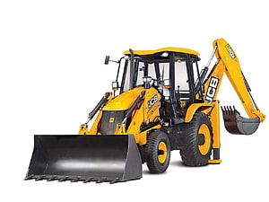 JCB 3DX Backhoe Loader with Front Bucket and Rear Digging Arm on White Background HD wallpaper