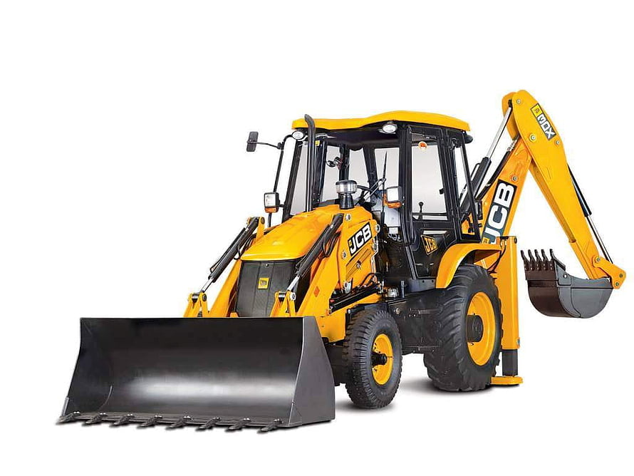 JCB 3DX Backhoe Loader with Front Bucket and Rear Digging Arm on White Background HD wallpaper