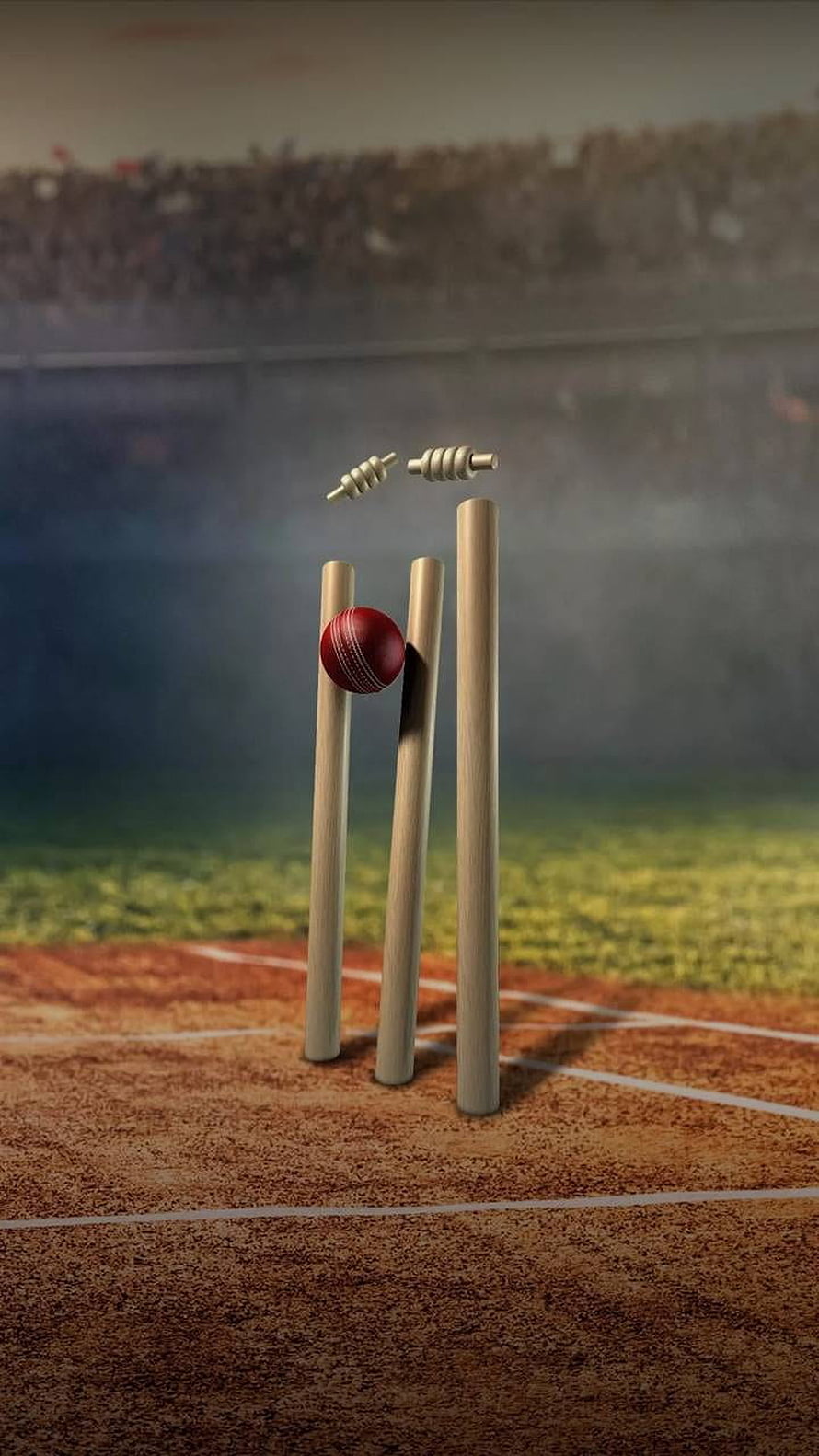 Red cricket ball striking wooden stumps on a dusty pitch with stadium crowd in background HD phone wallpaper