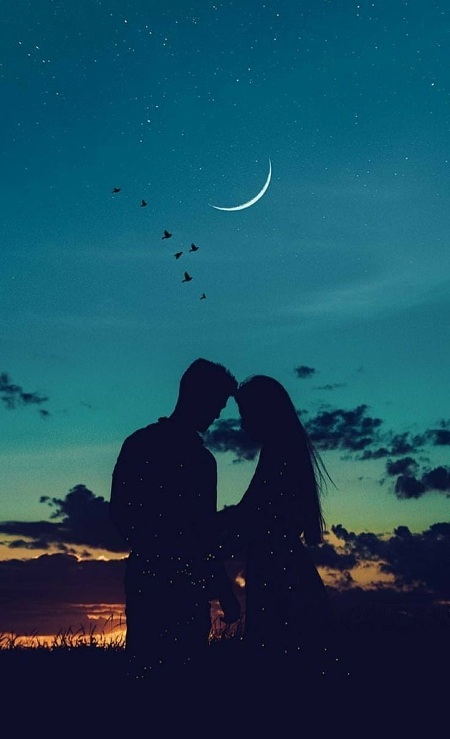 Romantic Couple Silhouette Under Crescent Moon and Starry Night Sky HD phone wallpaper
