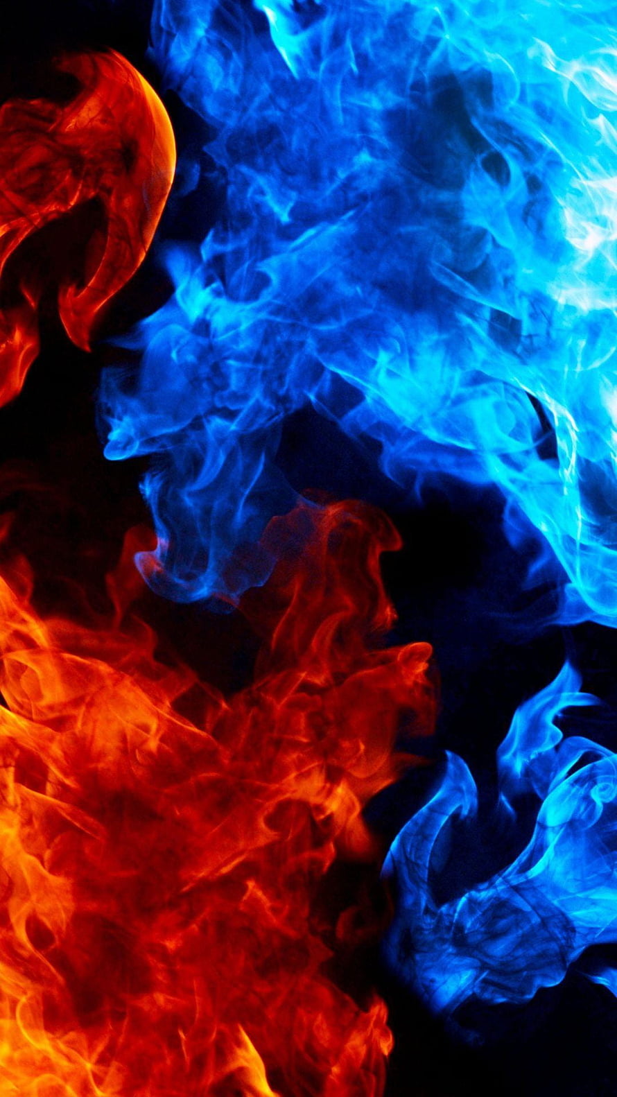 Vibrant Red and Blue Smoke Swirling Against a Dark Background HD phone wallpaper
