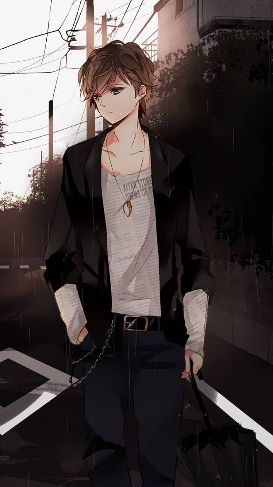Anime Male Character in Black Jacket and Newspaper Shirt Standing in Rainy Street HD phone wallpaper