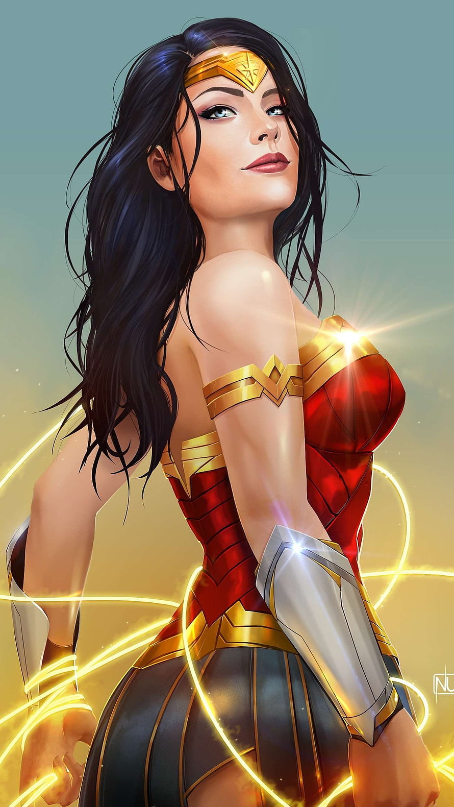 Wonder Woman Digital Art Portrait with Golden Lasso and Red Armor HD phone wallpaper