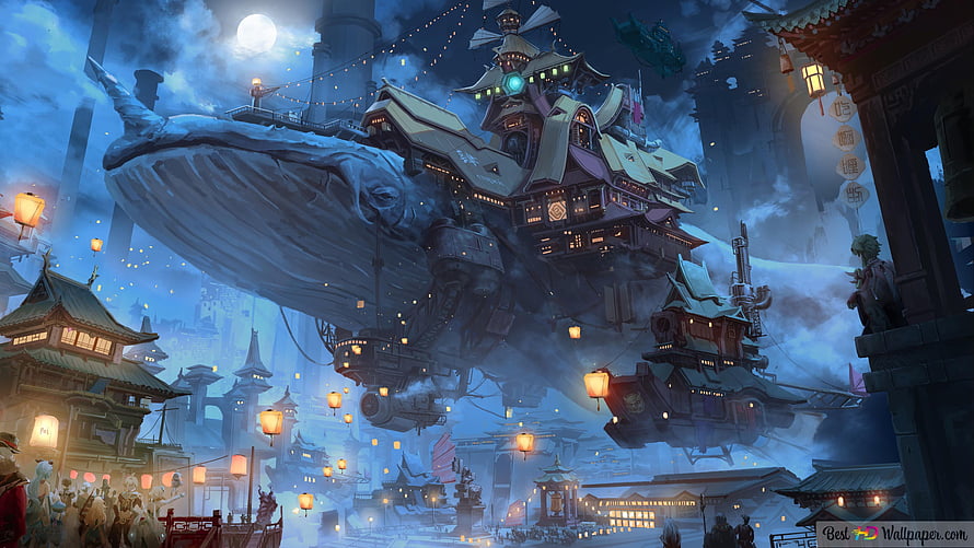 Genshin Impact Liyue Whale Ship Floating City Night Scenery HD wallpaper