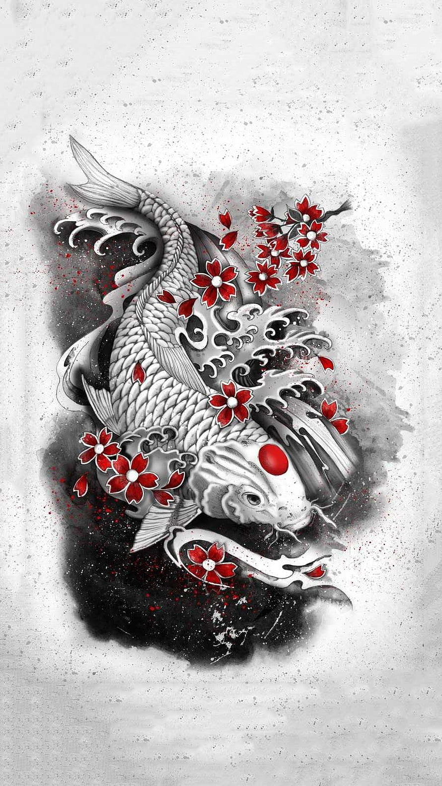 Japanese Koi Fish and Cherry Blossoms Traditional Tattoo Artwork HD phone wallpaper