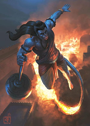 Hanuman Flying Through Flames With Mace Over Burning City, Flying Full Size Hanuman Ji For , hanuman ji body HD phone wallpaper