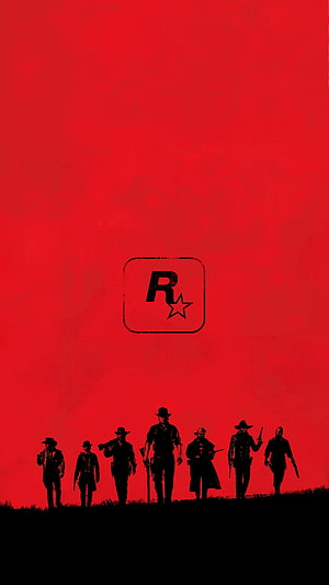 Red Dead Redemption 2 Gang Silhouettes Against Crimson Sky With Rockstar Logo HD phone wallpaper