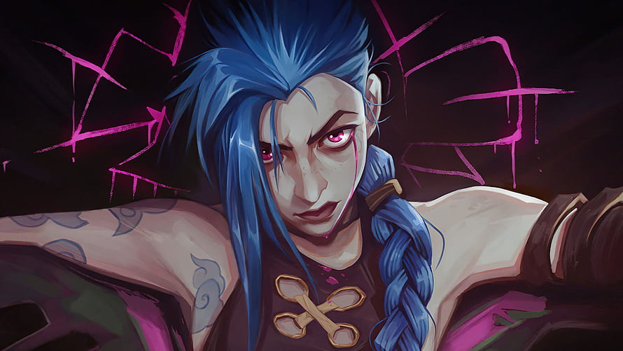 Jinx from Arcane with blue braided hair and glowing pink eyes in dark stylized digital art HD wallpaper