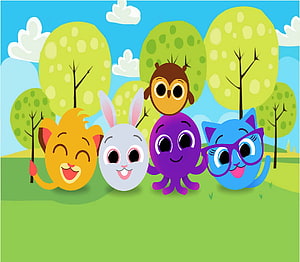 Bolofofos Cartoon Animal Friends in a Colorful Forest Landscape HD wallpaper