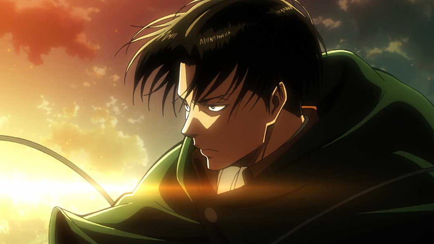 Levi Ackerman in Green Cloak Against Dramatic Sunset Sky HD wallpaper