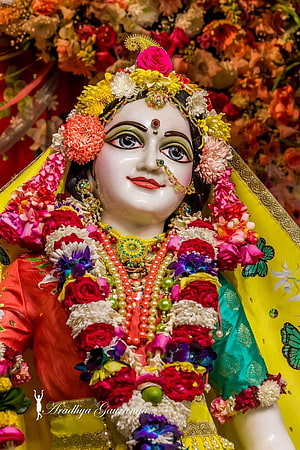 Adorned Radha Krishna Murti with Vibrant Floral Garlands and Traditional Jewelry HD phone wallpaper