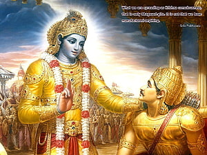 Krishna and Arjuna on the Battlefield of Kurukshetra in Traditional Indian Art HD wallpaper