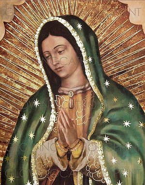 Virgin of Guadalupe in Green Mantle with Praying Hands and Golden Radiant Halo HD phone wallpaper