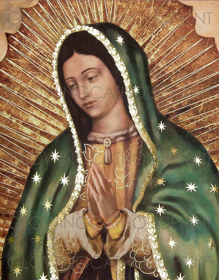 Virgin of Guadalupe in Green Mantle with Praying Hands and Golden Radiant Halo HD phone wallpaper
