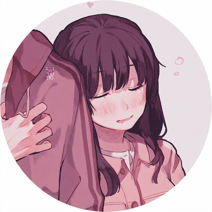 Blushing Anime Girl Leaning on Shoulder in Soft Pink Circle Frame HD phone wallpaper