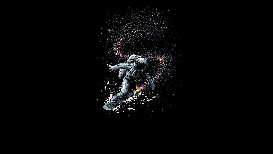 Astronaut Snowboarding Through Cosmic Starfield Minimalist Digital Art HD wallpaper