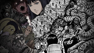 Junji Ito Horror Manga Collage Featuring Dark Characters and Creepy Scenes HD wallpaper