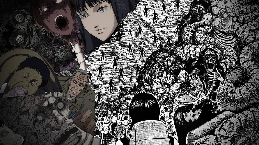 Junji Ito Horror Manga Collage Featuring Dark Characters and Creepy Scenes HD wallpaper